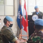 Komandan UNIFIL Brigjen Luis Jesus Fernandes Herrero Francisco Jose Dacoba (di podium) memberi sambutan tentang bantuan (Foto:sembada/puspen-tni)
