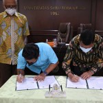 Penandatanganan MoA oleh Rektor USU Dr Muryanto Amin (kiri) dan Ketua GAPKI Sumut Dr Alexander (kanan) disaksikan  Perwakilan GAPKI Pusat Ir Kacuk Sumarto (Foto:sembada/humas-usu)