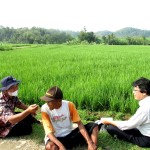 Karimin (tengah) berujar bahwa selama masih kuat bertani akan dengan senang hati tetap ke sawah dan akan menanam padi varietas padi MENOR (Foto:sembada/rori)