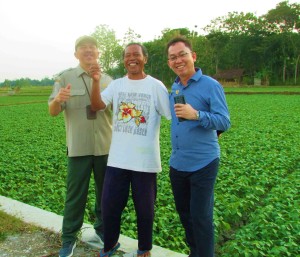 Petani penangkar benih Agus Priyatno (tengah) bersukacita tanaman petani binaannya dikunjungi pemimpin Direktorat Perbenihan, Kementerian Pertanian dan tim (Foto:sembada/rori)