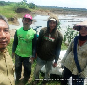 Ponco, Penyuluh BPP Karangawen (kiri) saat meninjau lahan terdampak banjir bersama para petani di pertanaman yang telah puso (Foto:sembada/bpp karangawen)